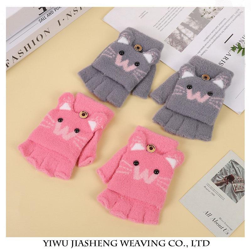 Wool Knitted Children's Half-finger Cute Cartoon Thickened Clamshell Warm Autumn and Winter Korean Version Student Cold-proof Winter Gloves