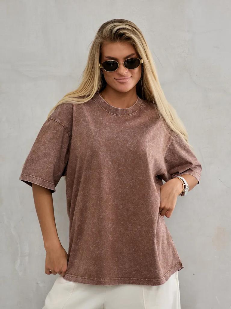 Camiseta Básica de Algodón Lavado Vintage Manga Corta Cuello Redondo Ajuste Holgado Streetwear para Mujer