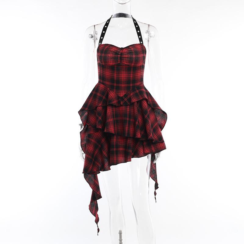 Goth Lolita Red Plaid Dress Women Streetwear Harajuku Punk Y2k High Waist Irregular Dress Partywear S