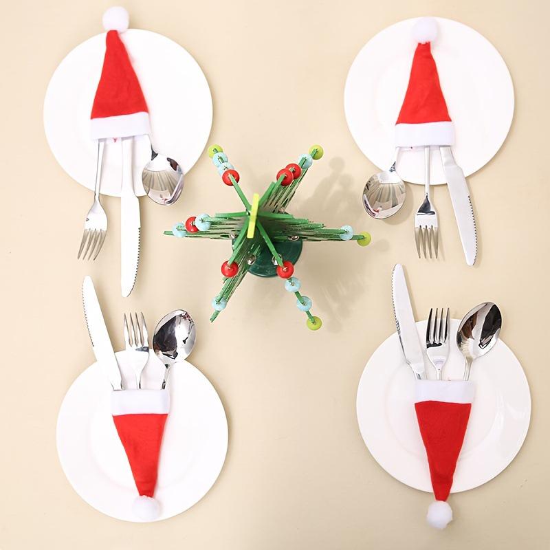 12pcs Red Christmas Mini Hat Cutlery & Wine Bottle Sleeves - Table Decoration Supplies
