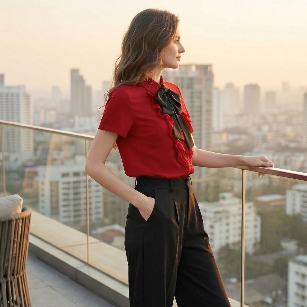 Short Sleeve Blouse for Women Ruffle Front Button Down Shirt with Bow Tie Neck and Classic Fit for Office Work