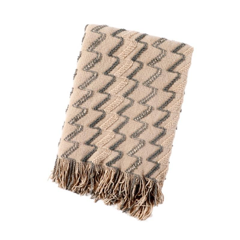 100% Acrylic Khaki Knitted Blanket with Tassel Gift Blanket Bed Sofa Travel Breathable Chic Bohemian Soft Comfortable Blanket