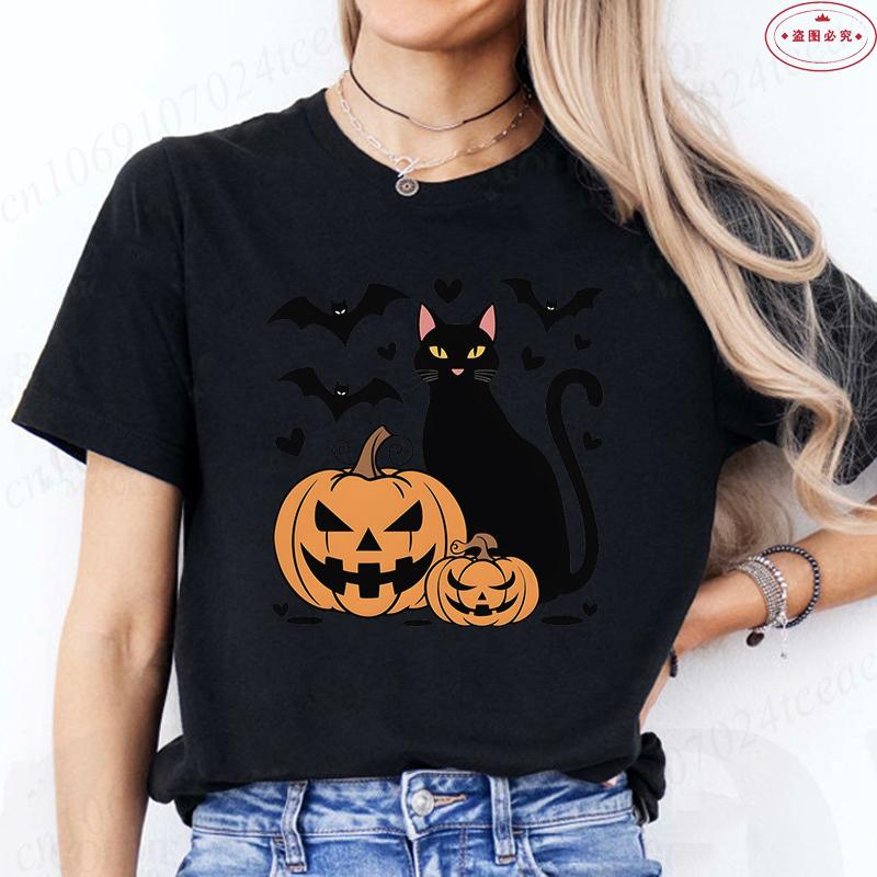 Black Cat Halloween Print Unisexs Summer Tshirt Casual Clothing Oversized Y2k Personality Short Sleeve Tops Spooky Season Tees