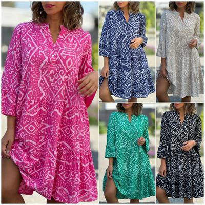 Women's Midi Dress V-Neck 3/4 Sleeves Dress Loose Geometric Print Beach Dresses