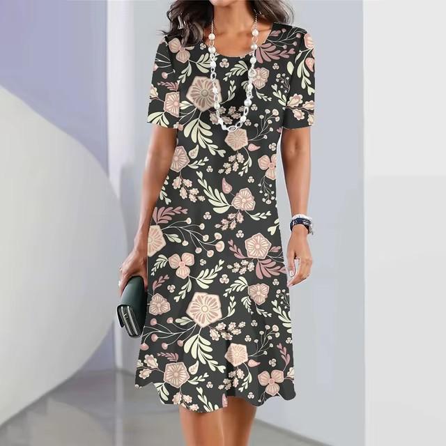 Elegant Women Short Sleeve Fashion 3d Print Midi Dress Plus Size Beach Clothing
