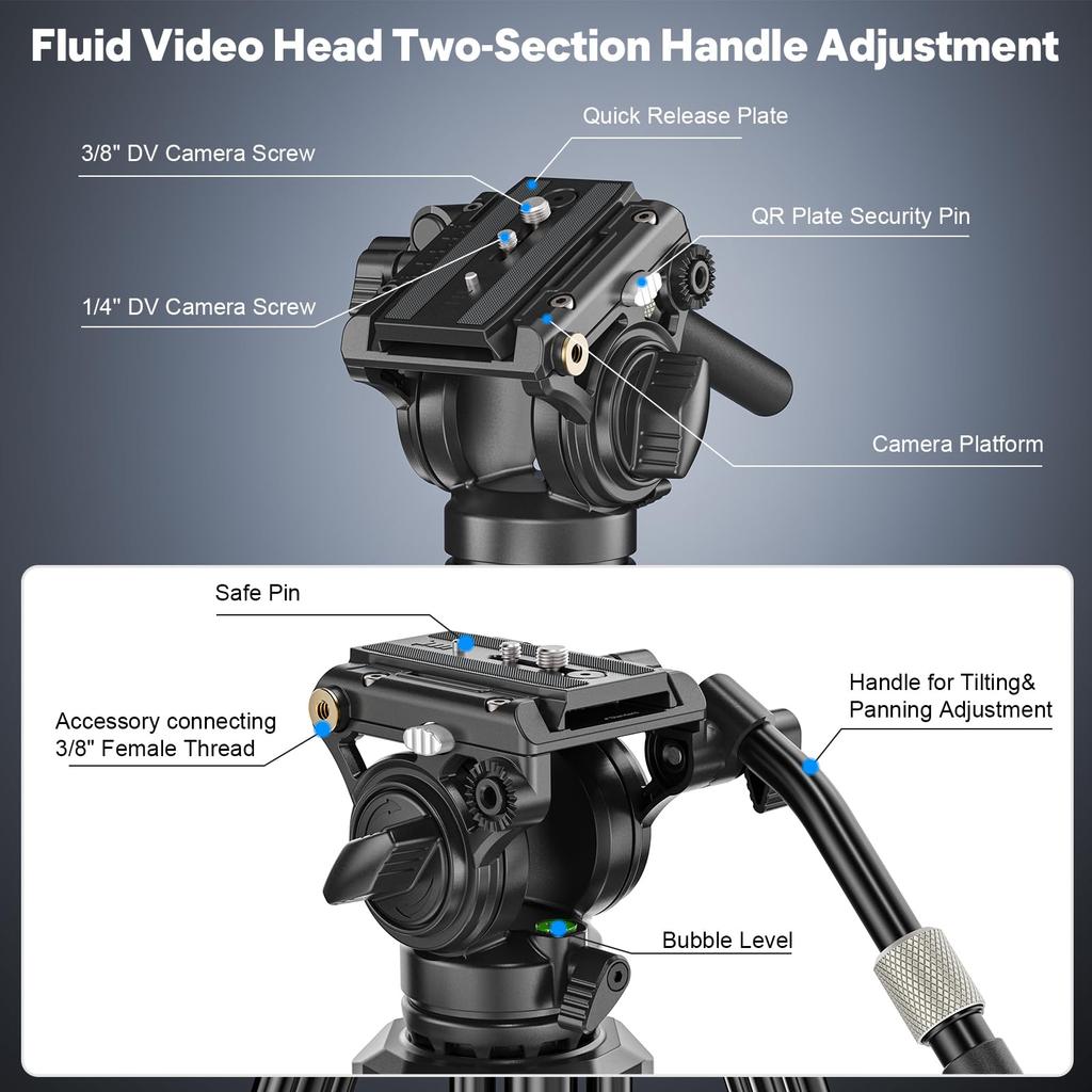 WEYLLAN VP5 Video 65 inches Professional Fluid 6kg Load Compatible with DSLR Cameras and Video Cameras Tripod, (approx. 165cm), Grade, Head,