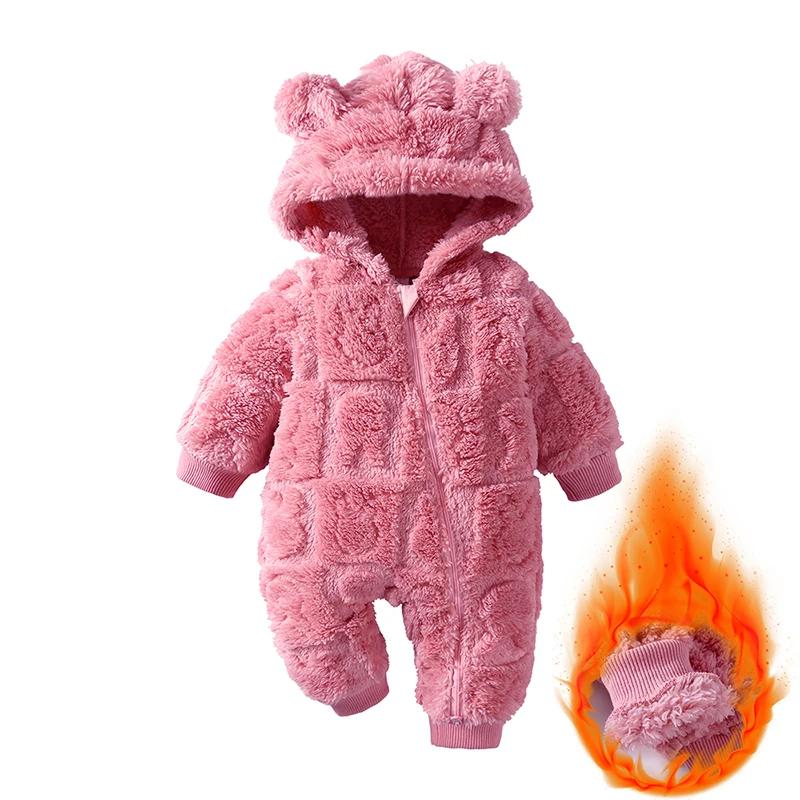 Winter Baby Bear Hooded Romper Thicken Fleece Warm Heart Flannel Toddler Girl Jumpsuits Infant Boy Bodysuit for Newborn Clothes