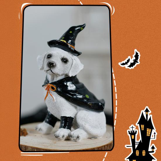 Halloween Labrador Puppy Statue Resin Witch Dog Figurine with Hat Cape Spooky Pet Sculpture Home Garden Decor