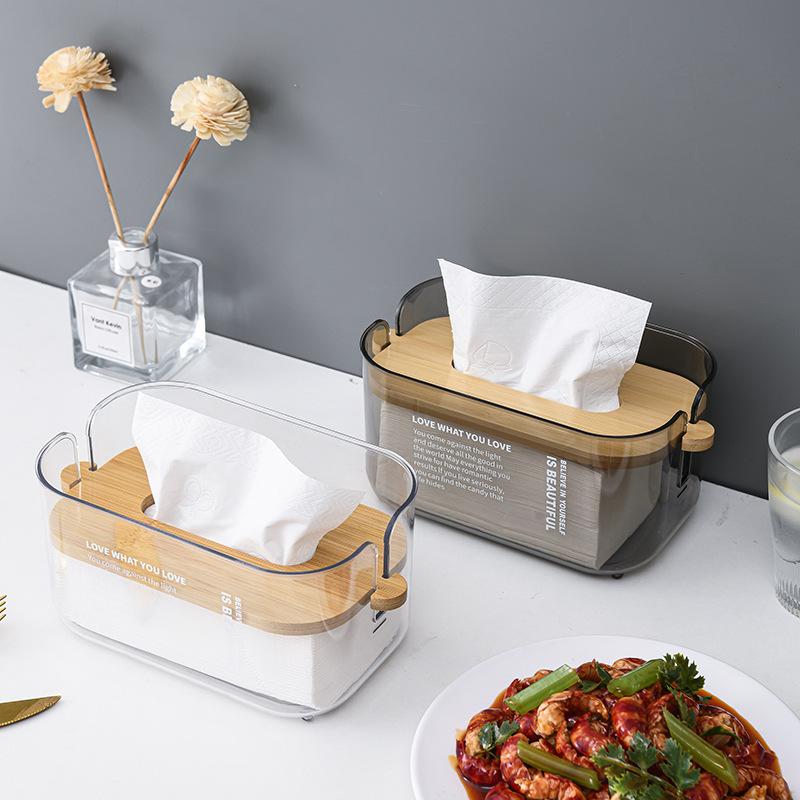 1pcs Nordic Minimalist Transparent Tissue Box Bamboo Lid Tissue Storage Box for Home Living Room Dining Table Paper Box