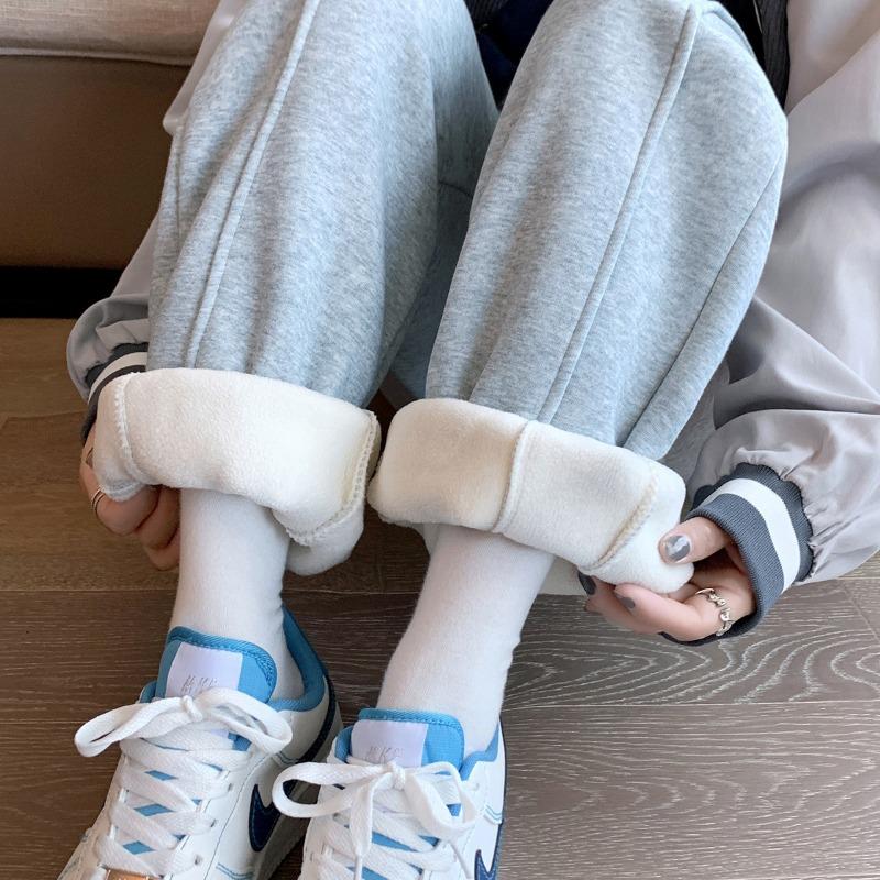Sweatpants women's autumn and winter new loose casual pants slimming fleece thickened sweatpants high waist small man tied feet