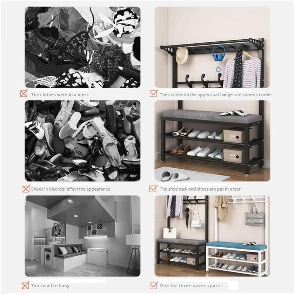 5-in-1 Garderobenbaum, Multifunktionaler Kleiderständer mit Bank & 2-stufigem Schuhregal, 10 Haken, Schwarz