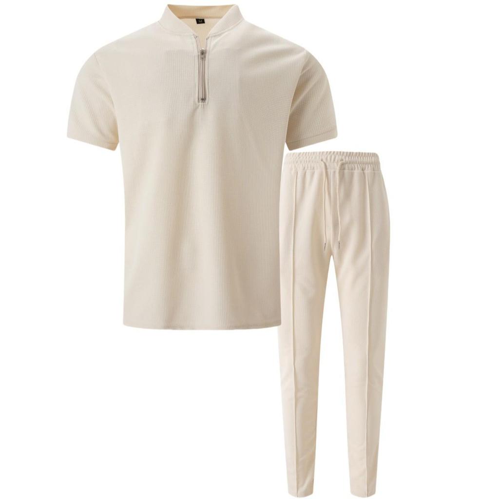 Summer 2025 Men's Waffle Knit Stand Collar Zipper Top and Long Pants Set - European & American Style