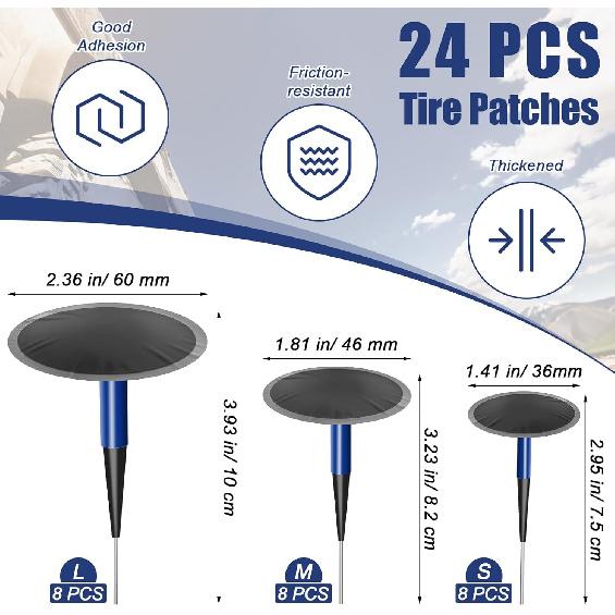24+3PCS Tire Patch Kit, 24PCS Tire Repair Patch Plug Tool (36/46 / 60 Mm)/ Patch Roller Tool/Repair Buffing Wheel/Hex Shank Drill Bit