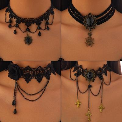 Collar gótico vintage de corte, elegante encaje oscuro con colgante de cruz y borla