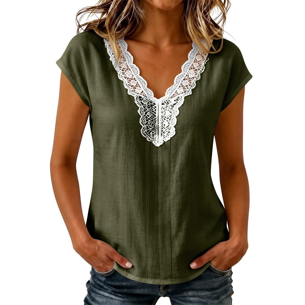 Women Casual Pullover Top V Neck Lace Trim Stitching Short Sleeve Blouse Lightweight Loose Fit Shirt for Everyday Wear