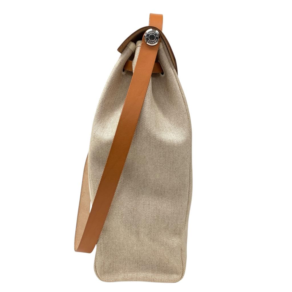 Used Hermes Herbag MM Tote Bag Canvas Beige Authentic 1186
