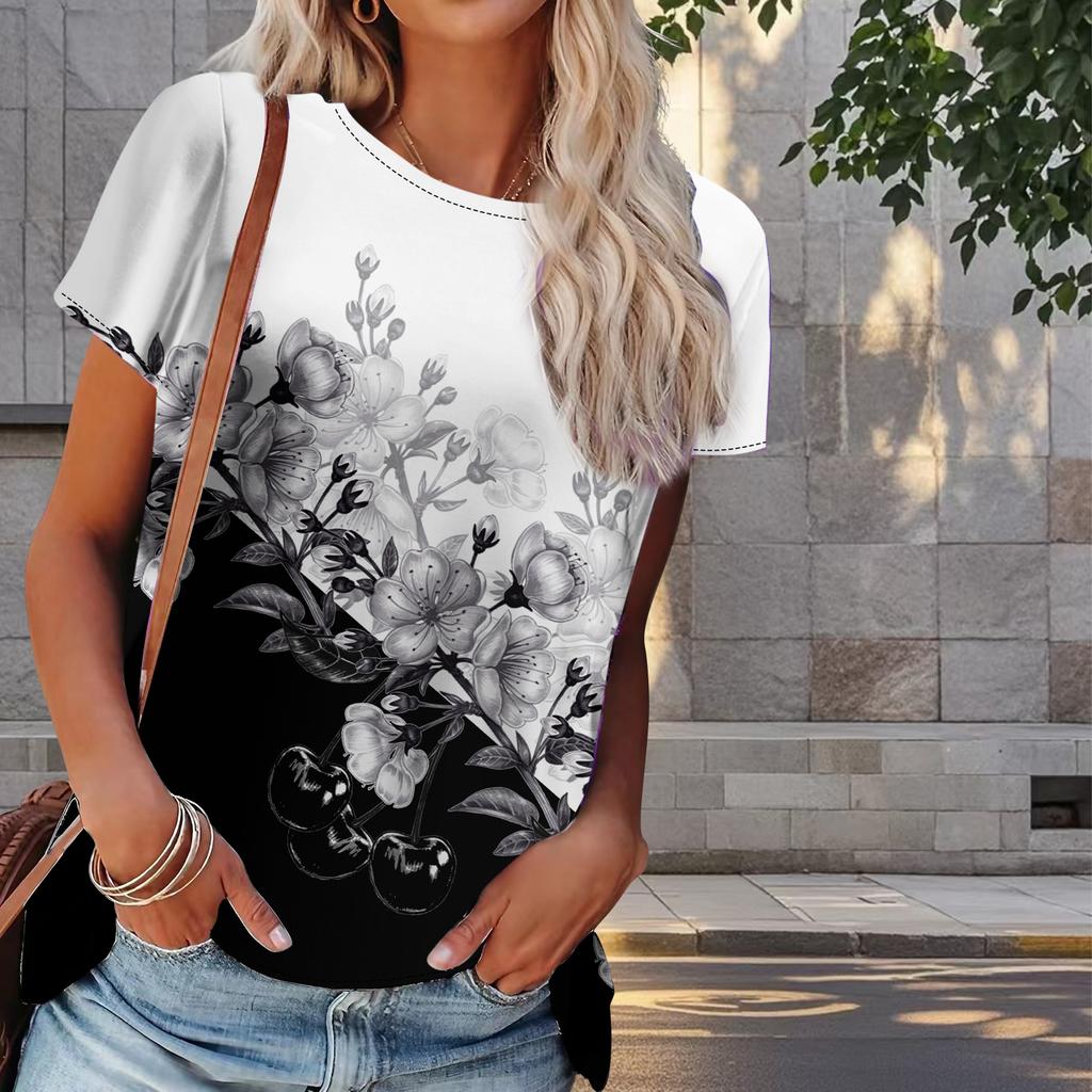 Women Summer T Shirt Flower Print Retro Fashion Short Sleeve Tees Casual   Printed  Tops