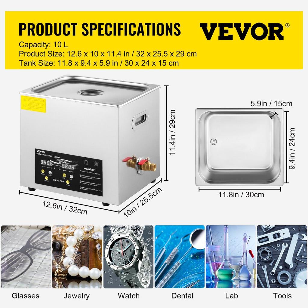 10L Digital Ultrasonic Cleaner Heater Timer Jewelry Eyeglasses Cleaning
