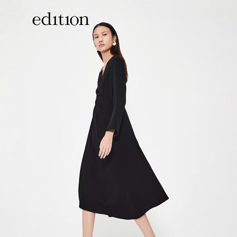 Edition Women's Black Pleated V-Neck A-Line Maxi Dress