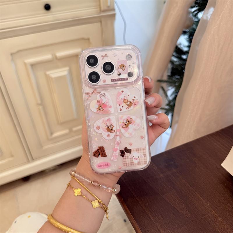 Kawaii Cartoon Bunny Bear Heart Glitter Clear Phone Case For iPhone 15 16 17 Pro Max INS Cute Large Window Shockproof Protective