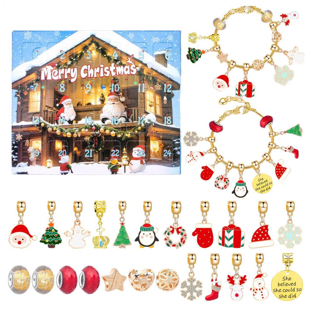 Christmas Advent Calendar Bracelet 24 Day Countdown Calendar Alloy Bracelet Jewelry Making Kits Kids Christmas Surprise Gift Box