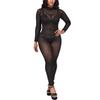 Women's Spicy See-Through Mesh Backless Jumpsuit with Long Sleeves