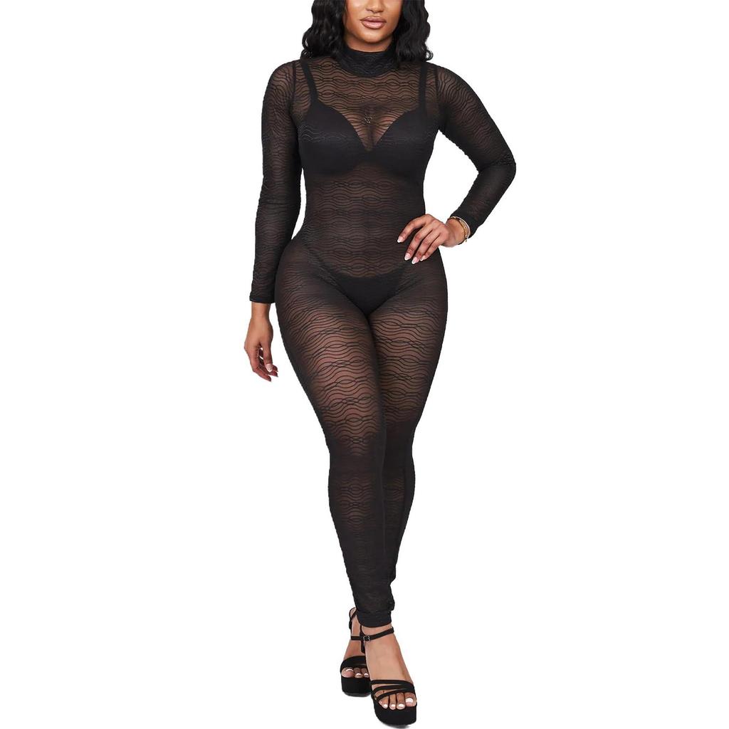 Women's Spicy See-Through Mesh Backless Jumpsuit with Long Sleeves