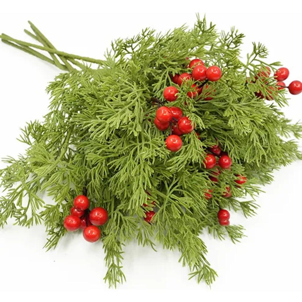 Artificial Christmas Flowers With Red Berry Stems, Fake Norfolk Garland Branches For Winter Decor, Faux Christmas Garland Tree Picks And DIY Crafts
