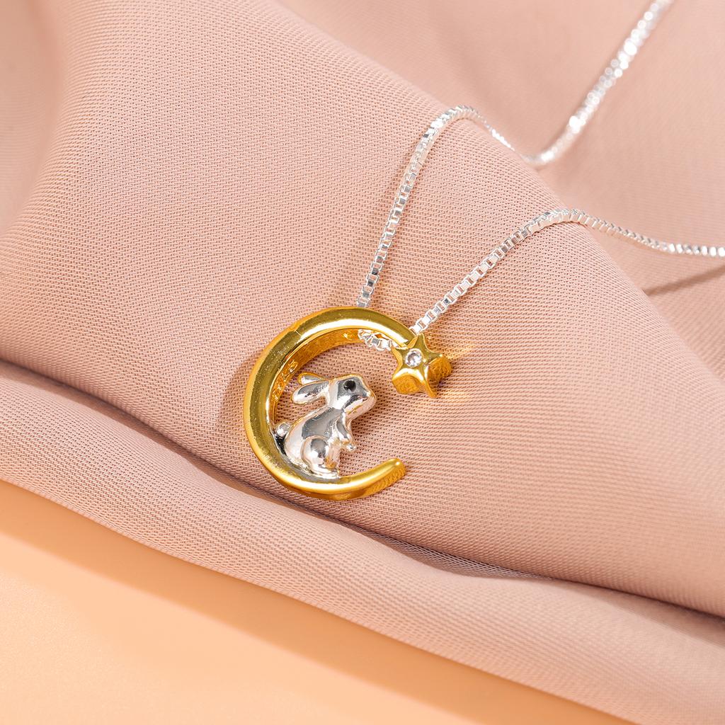 Moon And Star Rabbit Zodiac 925 Sterling Silver Clavicle Chain Pendant Necklaces
