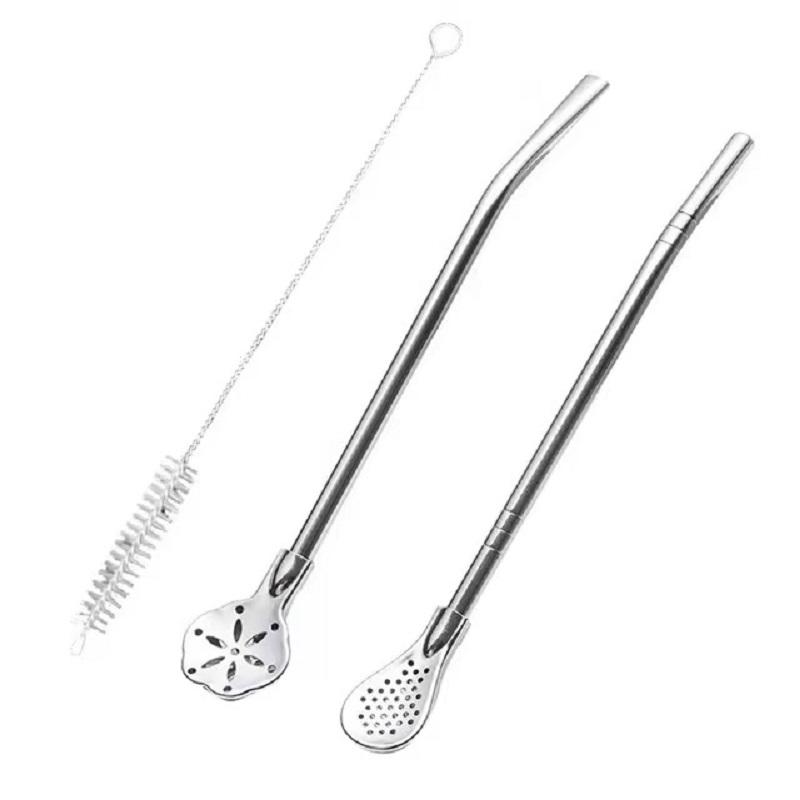 2in1 Stainless Steel Drinking Straw Spoon Yerba Mate Tea Filter Reusable Easy Cleaning Bombilla Gourd Bar Accessories with Brush