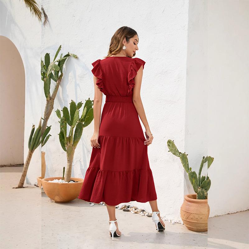 Women's V-Neck High Waist Tiered Ruffle Maxi Dress Casual Smocked Beach Vacation Long Dress