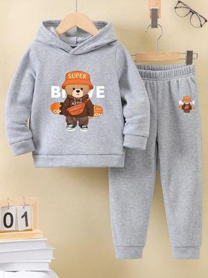 2set Autumn and Winter New Casual Comfort Sports Style Warm Boy Print Warm Lining Hoodie and Tracksuit Pants