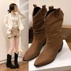 New Style High Heels Mid Calf Pleated Boots for Women Autumn Winter Brown Leather Western Boots Woman Thick Heeled Cowgirl Boots