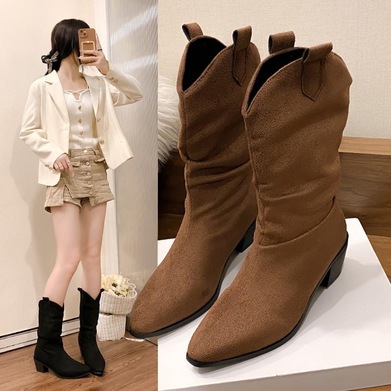 New Style High Heels Mid Calf Pleated Boots for Women Autumn Winter Brown Leather Western Boots Woman Thick Heeled Cowgirl Boots