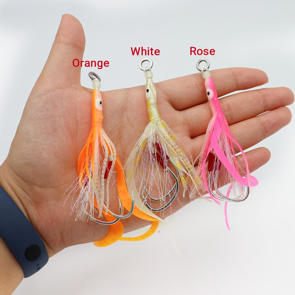 3 buc. Fuste moi calmar care luminează în întuneric, nălucă cu 2 cârlige asist pentru jigging cu prezentare lentă, momeală pentru trolling pescuit în apă sărată (Trandafir Portocaliu Alb)