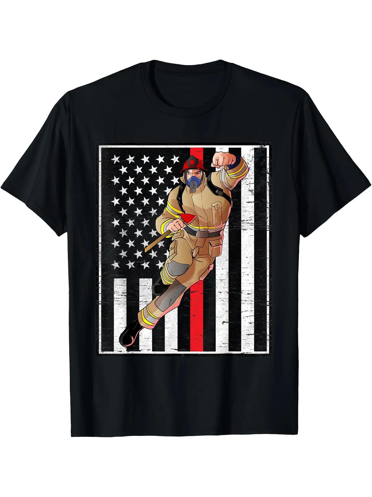 with Patriotic Firefighter Design-Thin Red Line American Flag design-100% cotton O-neck short sleeve printed men s T-shirt. S