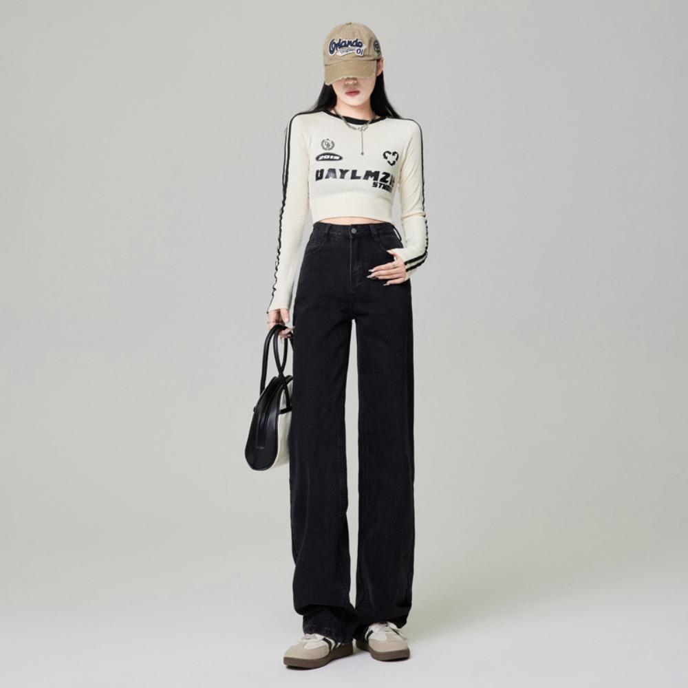 

Весна и Осень Новые Джинсы-швабры с широкими штанинами Женские Корейские С высокой талией Прямые Облегающие Джинсовые брюки скинни 2XL чёрный