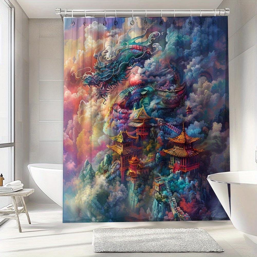 Mystical Dragon Temple Print Waterproof Shower Curtain for Bathroom, Fantasy Landscape Design High-End Toilet Partition Curtain