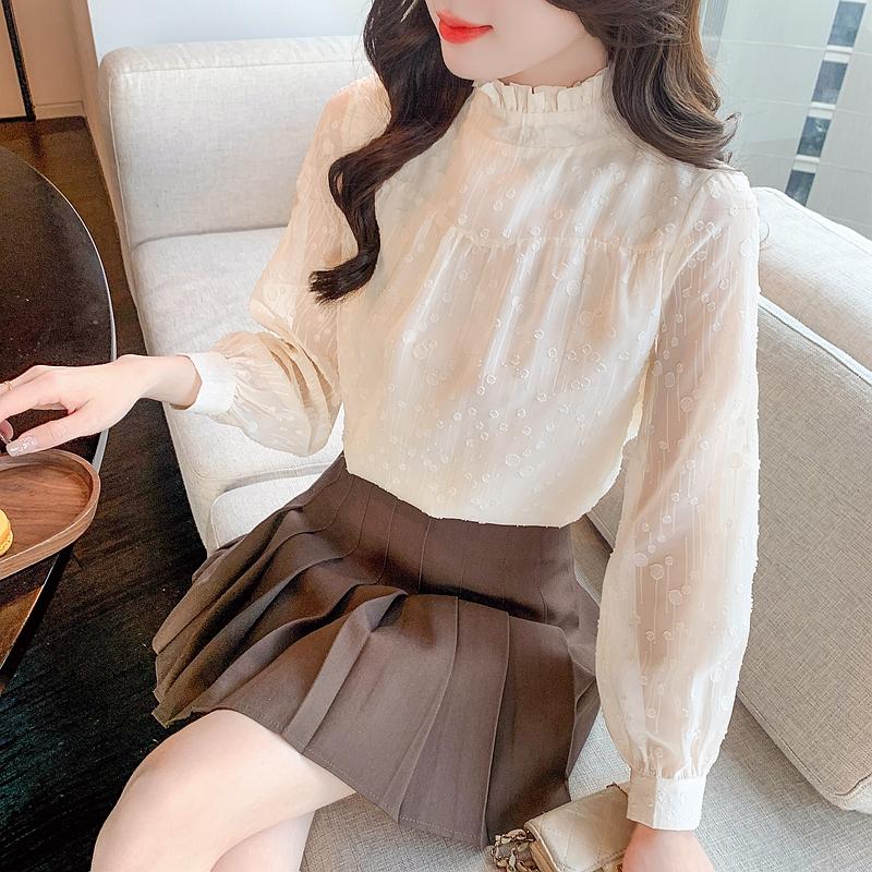 Autumn Fashion New 2024 Long Sleeve Ruffled Collar Casual Apricot Chiffon Blouse Shirt Women Tops Blouses Shirts J454