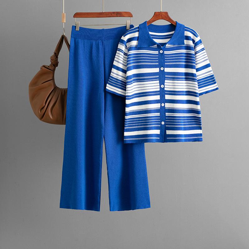 Fashion Knitted Suit Women's Summer New Striped Loose Short-sleeved Top + Casual Pants Two-piece Set