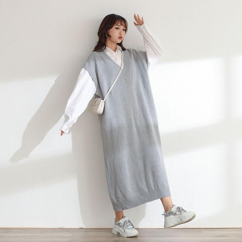 DIMANAF Dames Trui Jurk Winter Herfst Oversize Nieuw Breien Mouwloos Vest V-hals Vrouwelijk Basic Effen Losse Trui