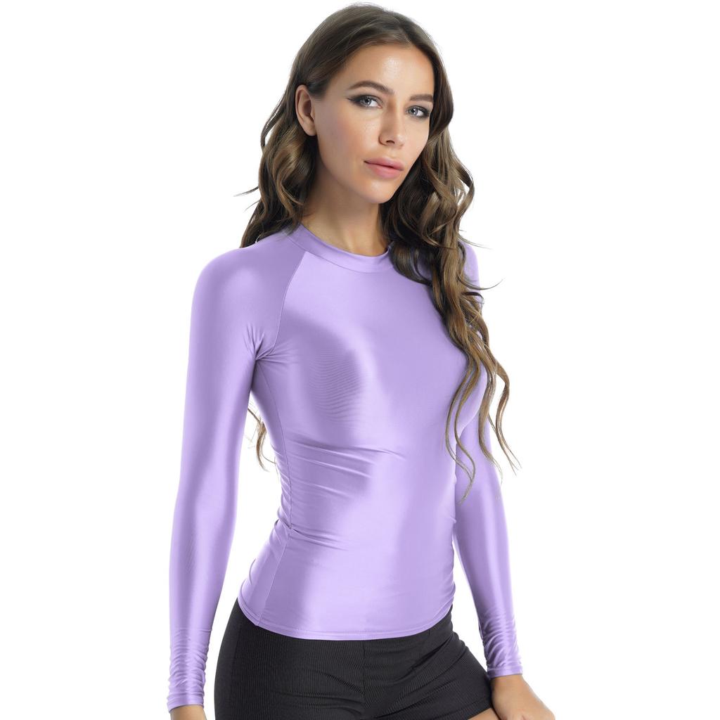 M-XL Women's Glossy Yoga Top: O Neck Long Sleeve Solid Color Slim Fit Breathable T-Shirt for Athletic Wear
