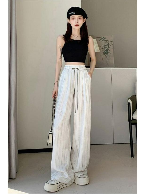 Pantaloni cu picior larg din mătase de gheață satinată cu imprimeu cerneală, stil subțire pentru vara 2025, design cool Yamamoto cu drapaj plisat.