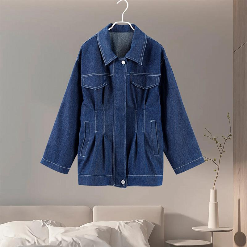 

Уличная джинсовая куртка с лацканами, женская облегающая однобортная куртка средней длины с длинным рукавом, весенняя мода 2025 года, верхняя одежда в стиле ретро L синий
