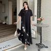 Women's Spring Summer Plus Size Black Patchwork Jacquard Satin Chinese Style Short Sleeve Dresses