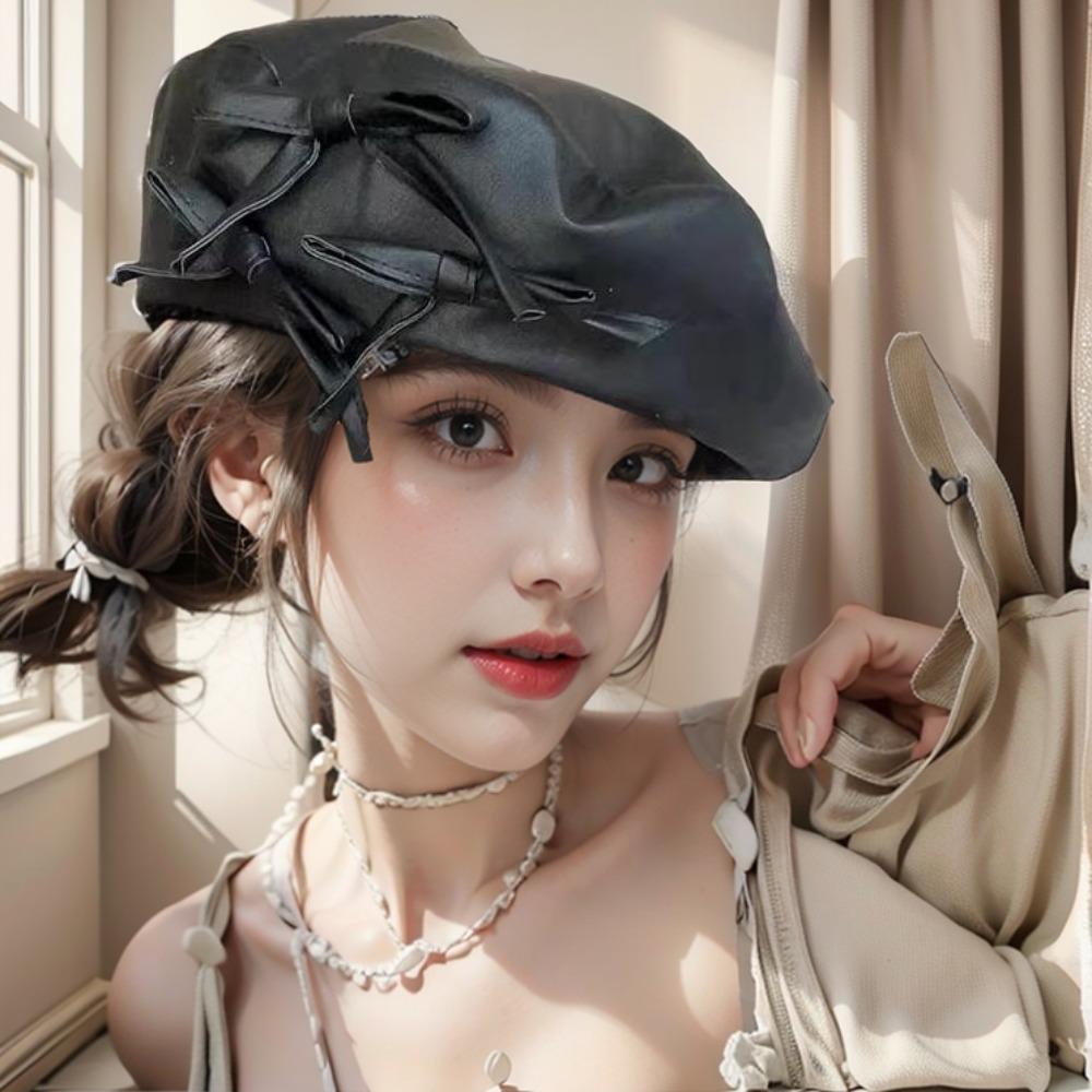 Women’s Hat Spring Fall Beret Retroeleganteasiest for Match Octagonal Hat Leather British Black Hat
