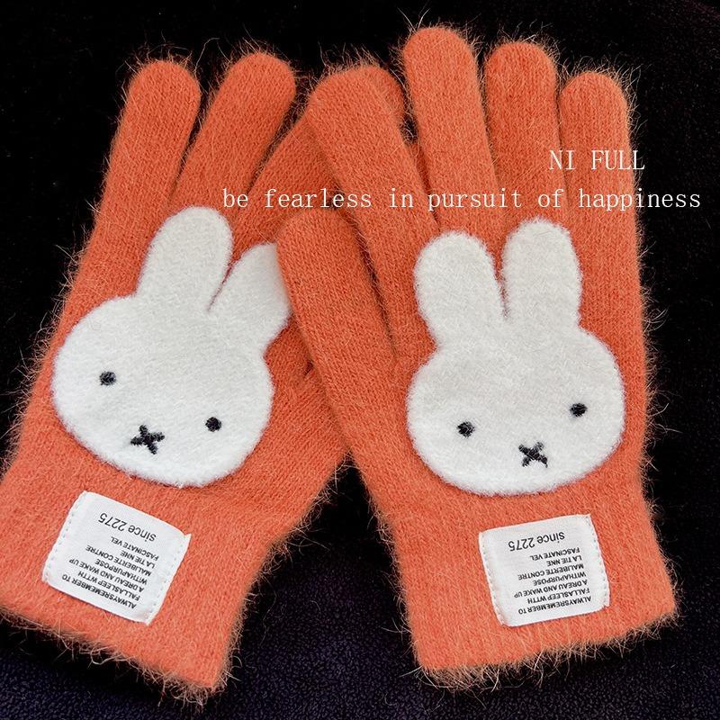 Miffy Rabbit sea salt blue bone girly gloves, cute plush and faux mink, warm split-finger gloves for women