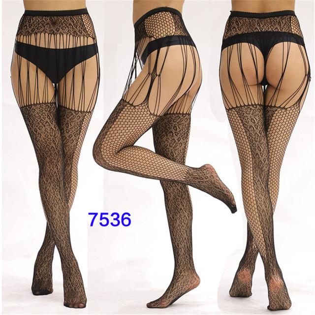 Sexy Lingerie Women's Fishnet Stockings With Garter Belt Summer Thin Lace Patterned Mesh Tights Female Black Suspender Pantyhose