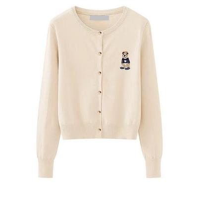 Autumn Preppy Style Knit Cardigan Bear Embroidery Slim Fit Versatile Long Sleeve Round Neck Top Women