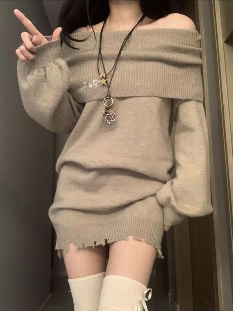 LAVASEON Strikket Koreansk Lang Båt Perfekt for eller Enhver Anledning Off-the-Shoulder Kjole, Tettsittende, Kappe-stil, Sexy, Dame, Søt, Stil, Off-the-Shoulder,